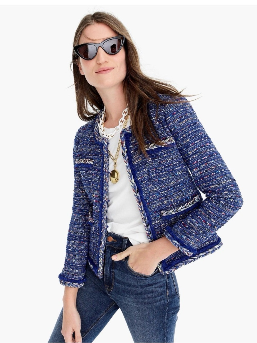 J.Crew Women's Blue Lady Jacket In Multicolor Cobalt Tweed With Braided Trim